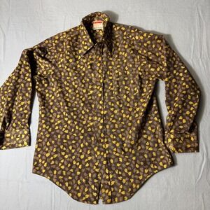 Vintage Zayre Mens 70s Disco Shirt Brown Yellow‎ Leaf Print Crepe De Chine L